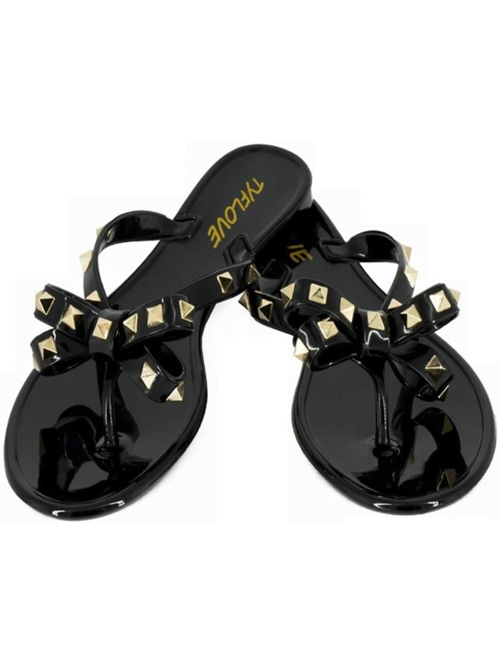 🆕Women's Dark Black Rivet Flip Flops Studded Thong Sandals with Bow Flat Beach